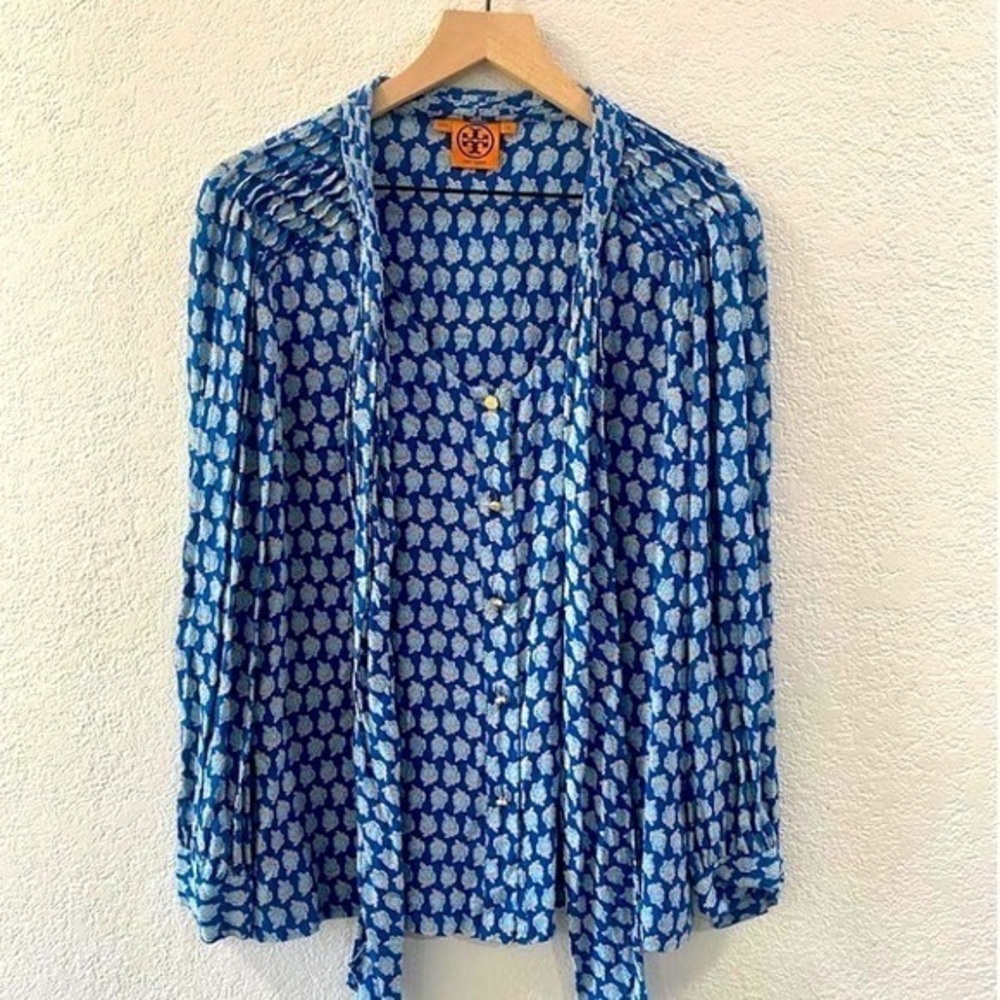 Tory Burch Long-Sleeve Silk Bow Blouse Sz 10
